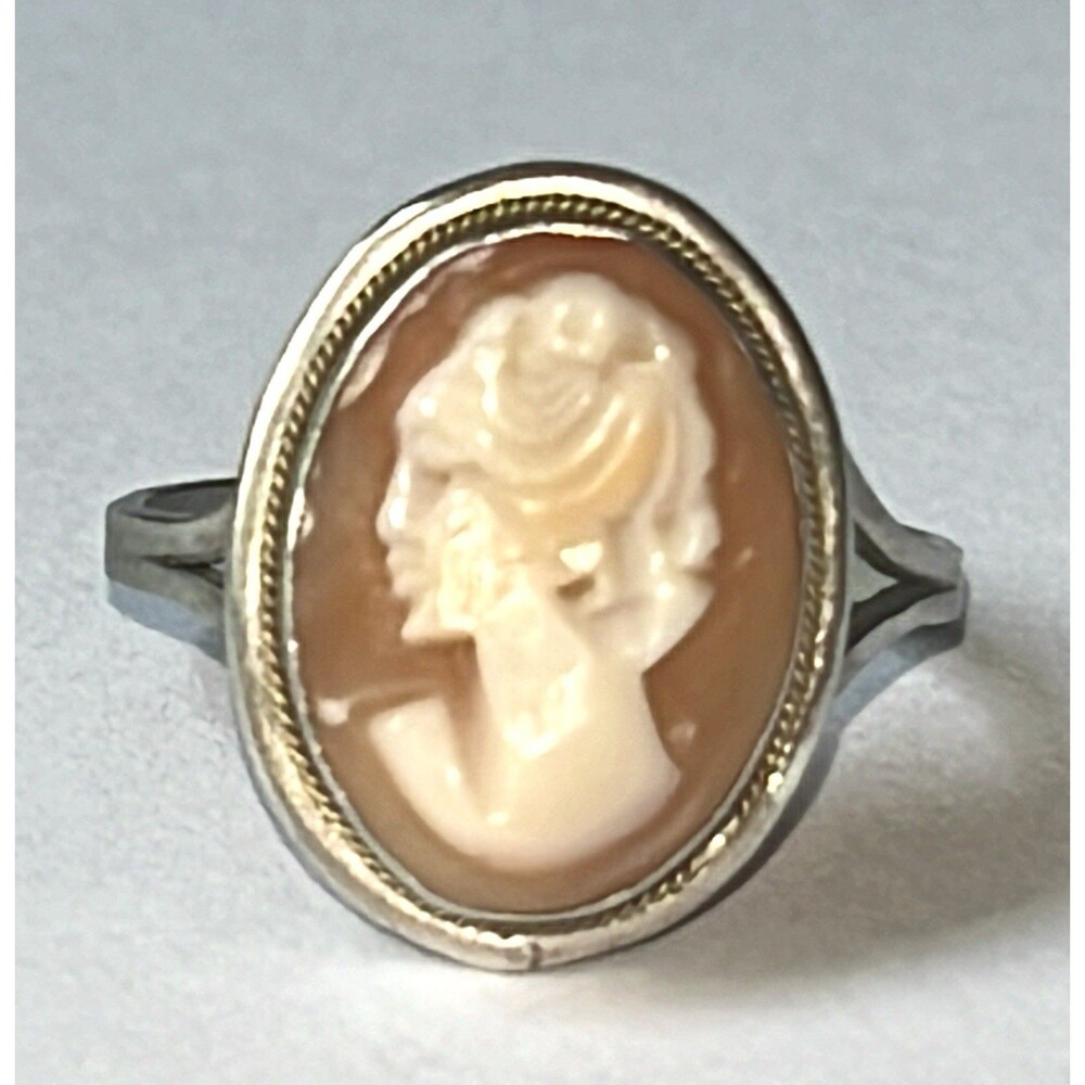 Vintage 800 Silver Hand Carved Shell Cameo Ring Lady Profile Size 6